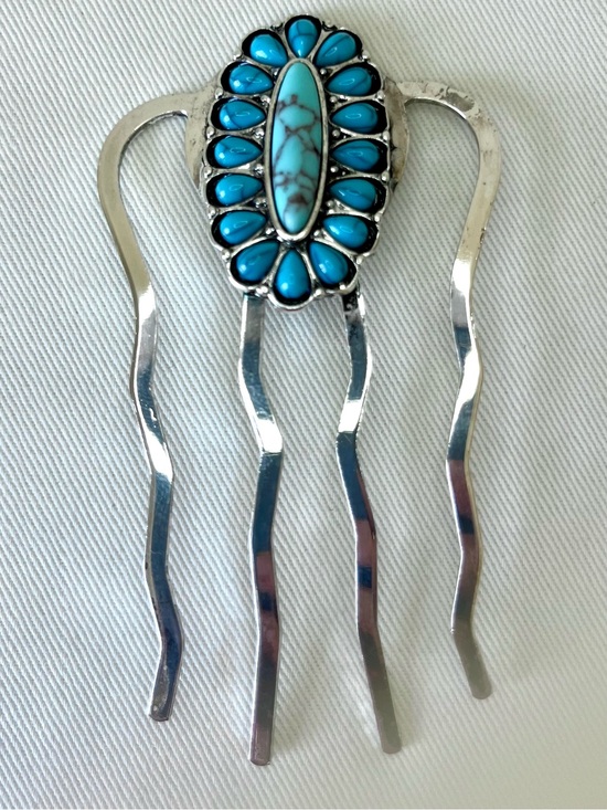 Accessories - Turquoise Floral Stone & Silver Hair Comb / Pin